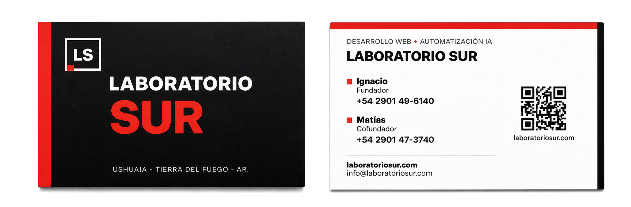 Frente y dorso de tarjetas personales impresas para Laboratorio Sur